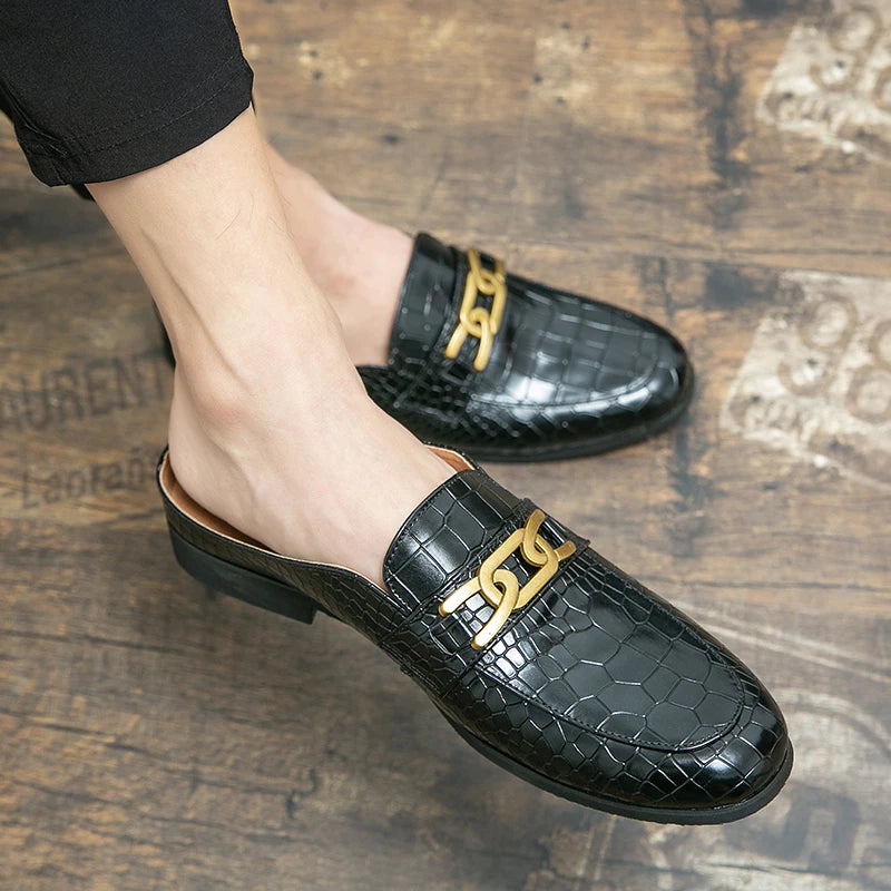 100% Genuine Leather Black Men’s Half Shoes For Men Shoes Mules Casual Designer Shoes Fashion Loafers Luxury Black Slippers 2022 - Sun Studio