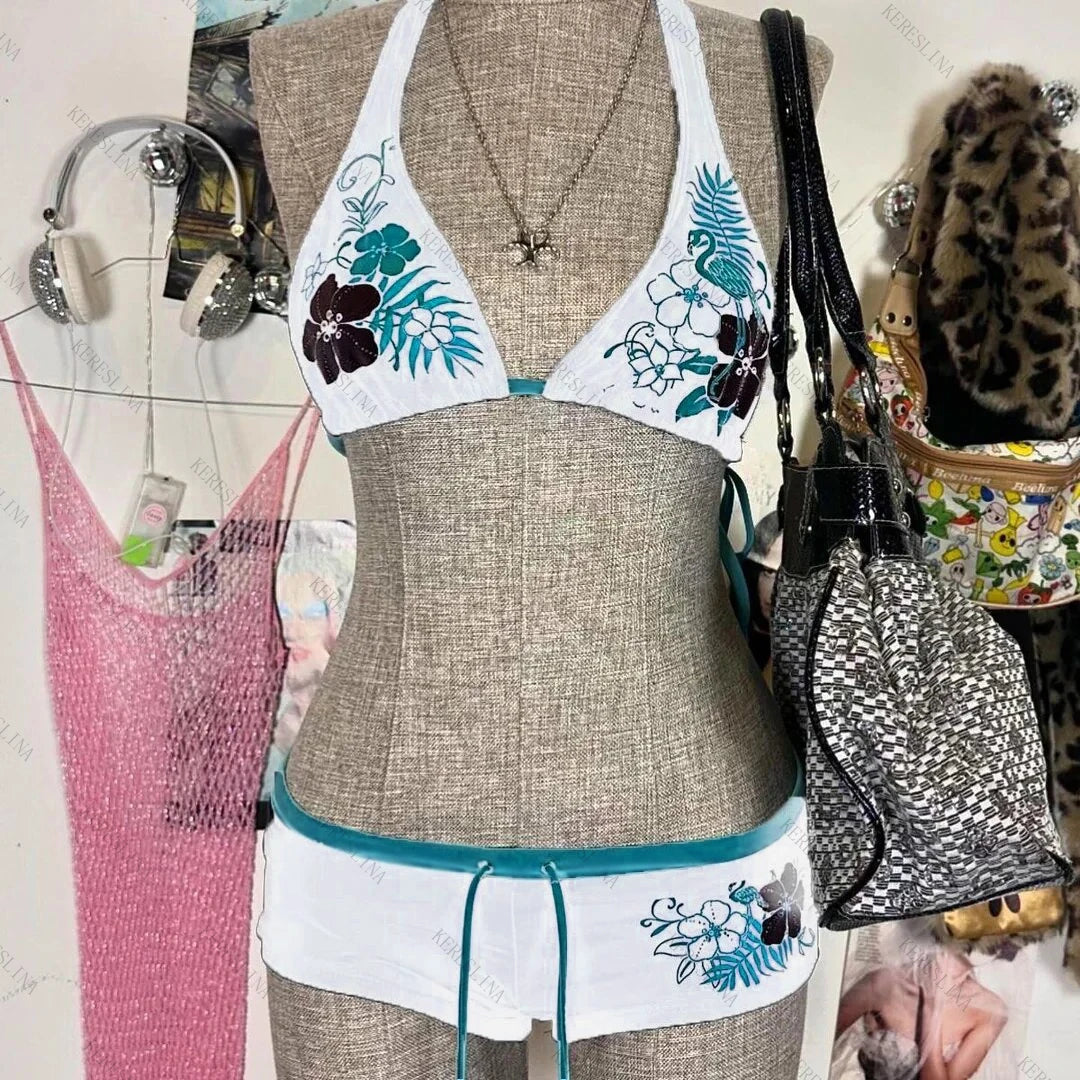 Y2k Vintage Flower print Cutie 2 set Bikini Swimsuit Sexy Women Bathing Fashion Halter Strap Swimwear High Street Beach Female - Sun Studio