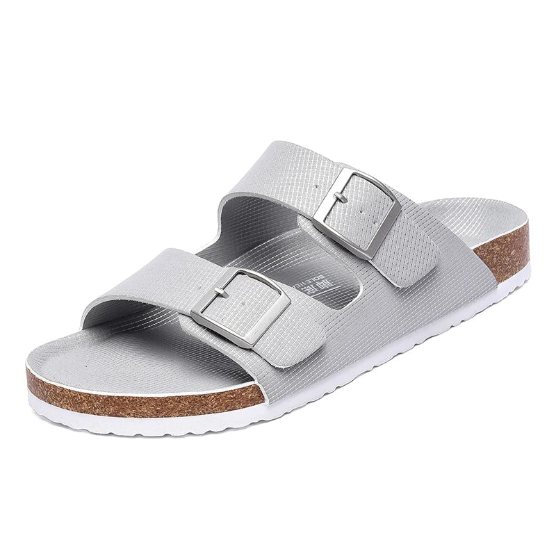 Summer Men Cork Slippers Slides Clogs Casual Slip On Sandals Double Buckle Women Microfiber Leather Unisex Big Size 47 48 49 - Sun Studio