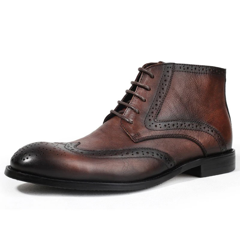 British Brock Carved Leather Boots Retro Business Formal Leather Shoes Fashion Men's Boots Cowhide Men's Short Boots - Sun Studio