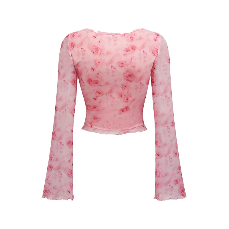 Women's T-Shirt Floral Printed Sweet V-Neck Mesh Summer Vacation Swimsuit Top Flare Long Sleeve Bow Tie Lace Up Woman Clothing - Sun Studio