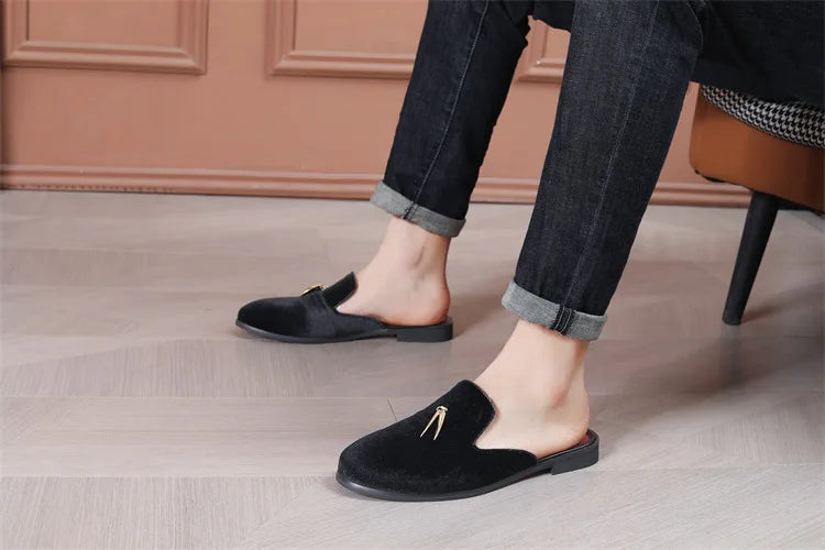 Fashion New Men Velvet Tassels Half Slippers Loafer Male Casual Purple Green Blue Black Mules Moccasins Breathable Driving Shoes - Sun Studio