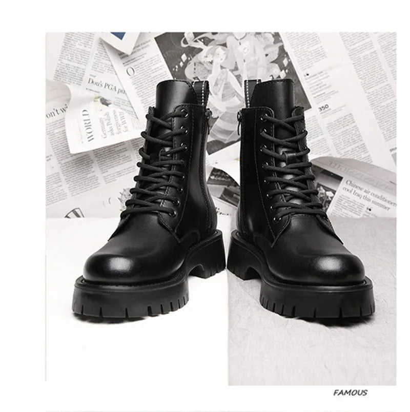 2025 Autumn Winter Shoes Men Leather Boots Thick Sole Non-slip Warm Plush Cold Winter Cow Leather Male Ankle Botas Black KA4867 - Sun Studio