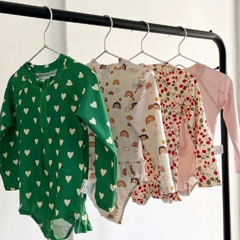 2026 New Girls' Long Sleeve Swimsuit Cute Print Round Neck Zipper One-Pieces Swimwear Child Fuffle Triangle Swimming Suit H042 - Sun Studio