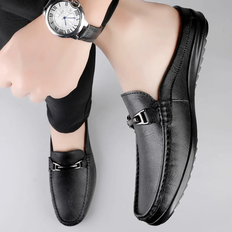 Luxury Men Genuine Leather Shoes Casual Business Men Slip-on Shoe All-Match Half Slippers Loafers Summer Handmade Flats Slippers - Sun Studio