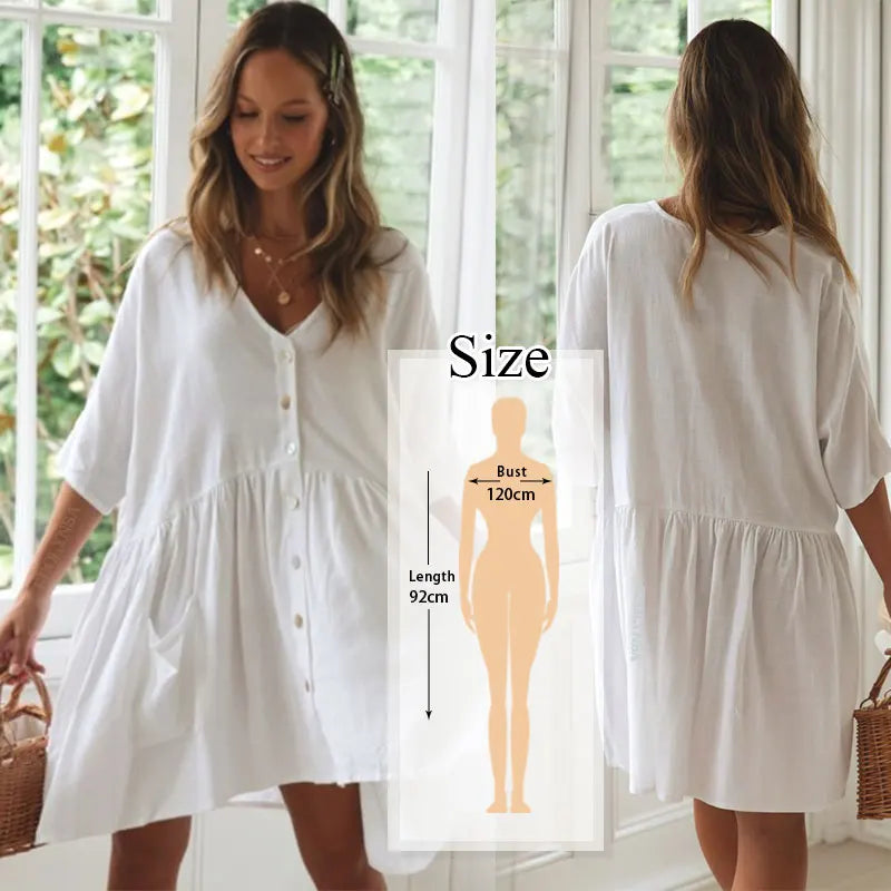 Women Summer Fashion Beach Tops Swimsuit Cover Up Summer Long Sleeve White Pocket Button Front Open Shirt Dress N648 - Sun Studio
