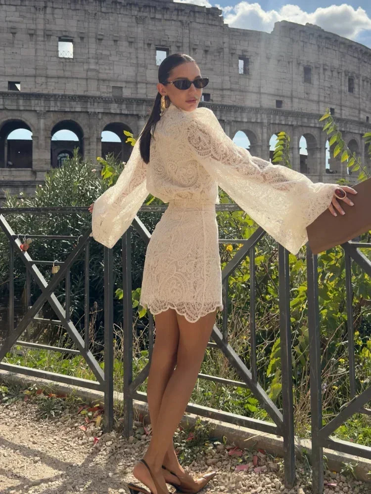 White Lace Dresses Elegant Solid Flared Sleeve High Neck Slim Pleat Mini Women Dress 2026 New Fashion Club Evening  Party Robes - Sun Studio