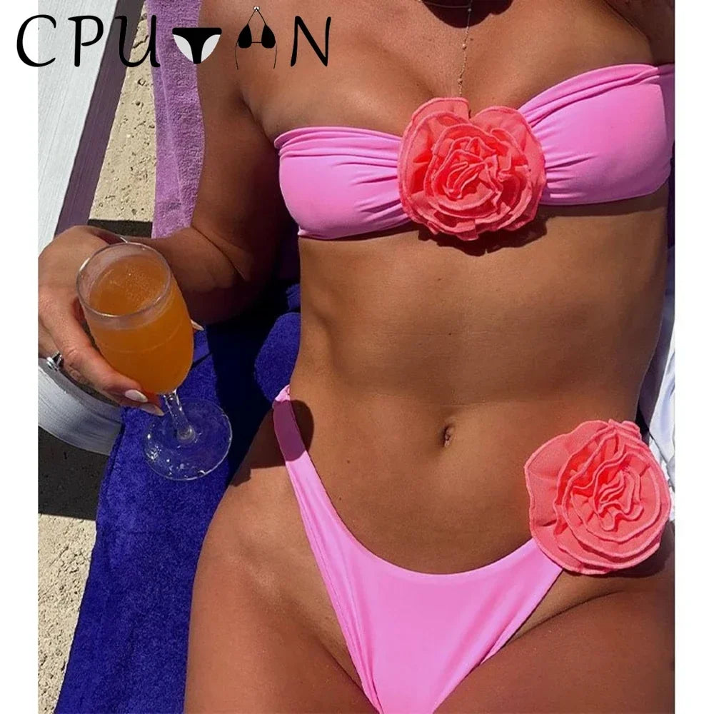 2026 New Sexy White 3D Flower Solid Two Piece Push Up Bikini Set Luxury Swimwear Women Swimsuit Beachwear Summer Bathing Suit - Sun Studio
