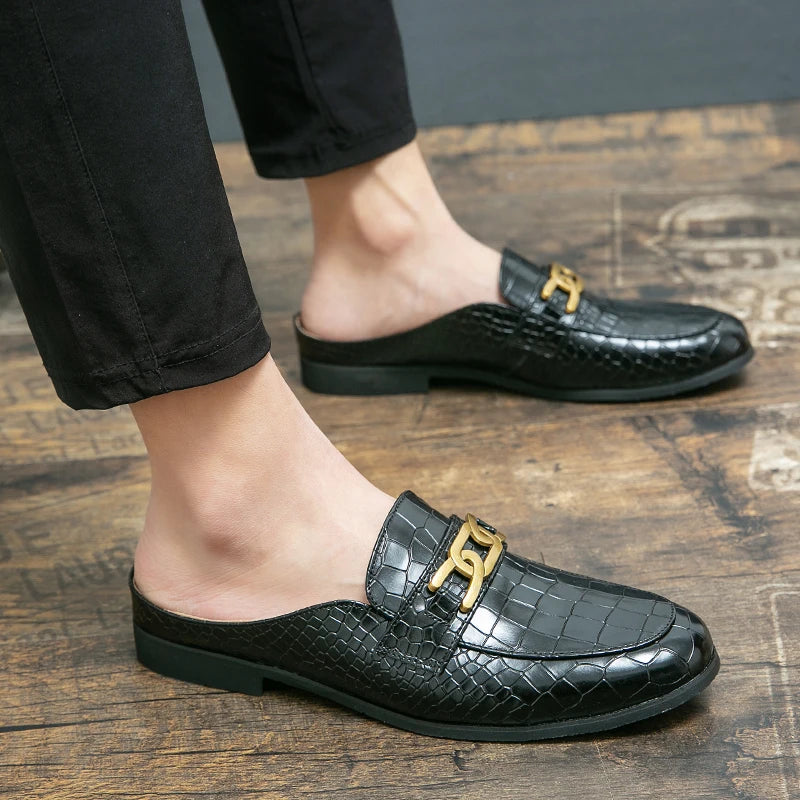 100% Genuine Leather Black Men’s Half Shoes For Men Shoes Mules Casual Designer Shoes Fashion Loafers Luxury Black Slippers 2022 - Sun Studio