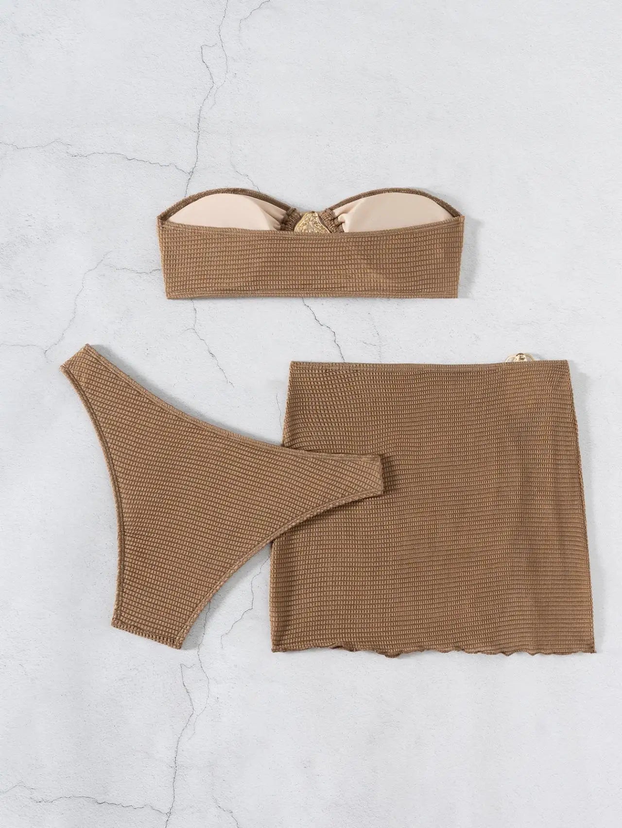 Sexy Bandeau Bikini Women Coffee Metal Water Droplet Ornament Push Up Mesh Skirt 3 Piece Swimsuit Beach Bathing Suit Swimwear - Sun Studio