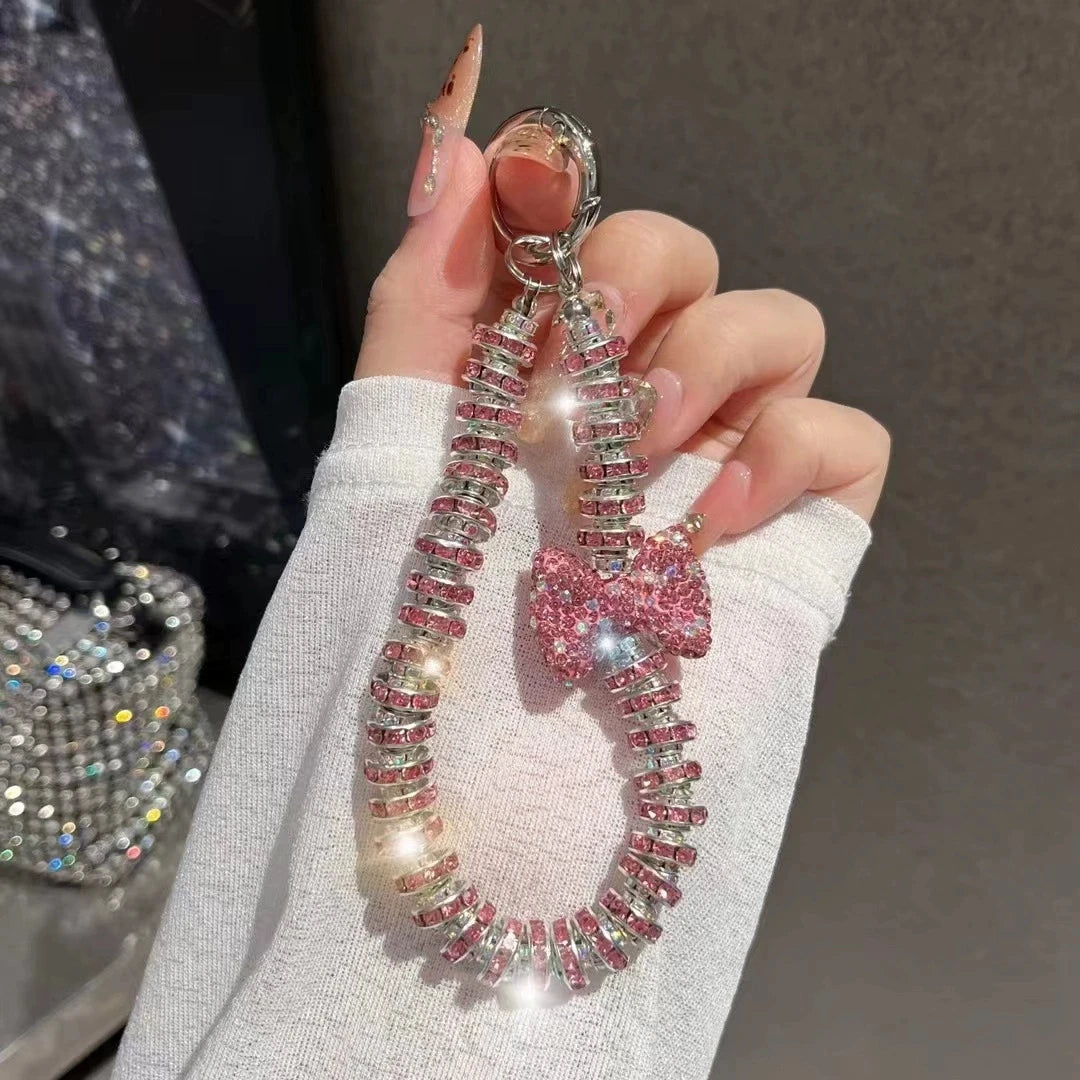 Rhinestone Bow phone wrist strap Luxury Crystal Bead Key Chains Charm Lanyard for Iphone cell phone strap glitter Jewelry Gift - Sun Studio