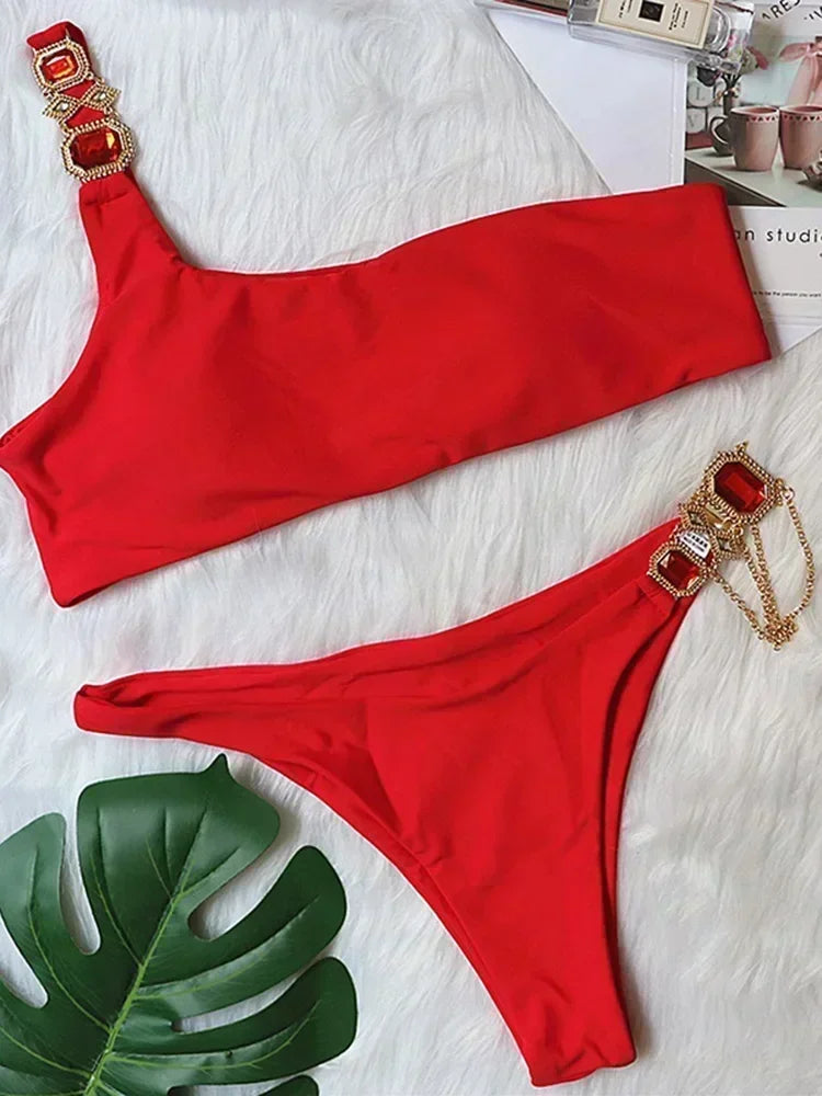 Halter Rhinestone Diamond Bikini Women Swimsuit Female Bikinis Metal Chain Swimwear Two Pieces Bikini Set Bathing Suit Swim Lady - Sun Studio