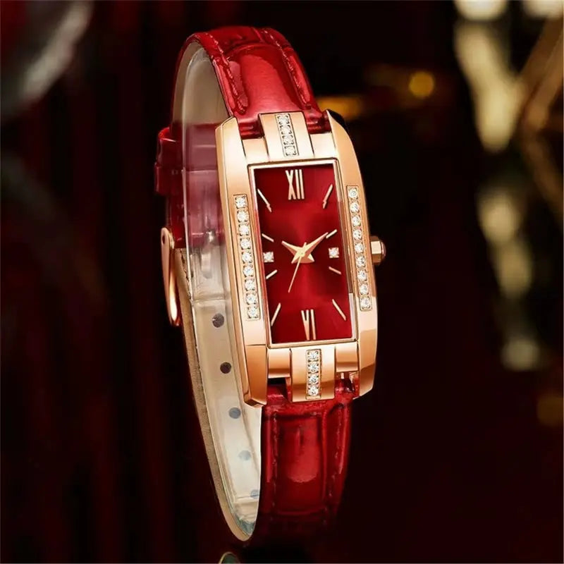 Womens Watches Fashion Square Ladies Quartz Watch Bracelet Set Green Dial Simple Leather Luxury Women Watches - Sun Studio