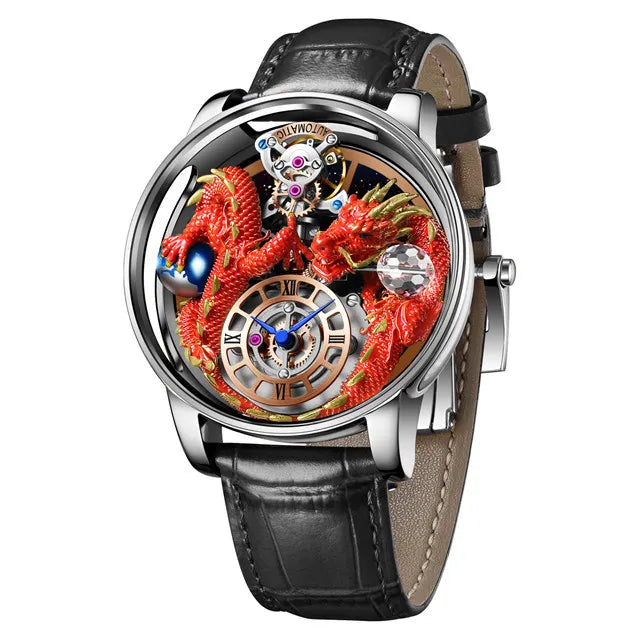 PINDU Design New 3D Dragon Earth Theme Quartz Watches Men Celestial Series Curved Mirror Transparent Design Watch Wristwatches - Sun Studio
