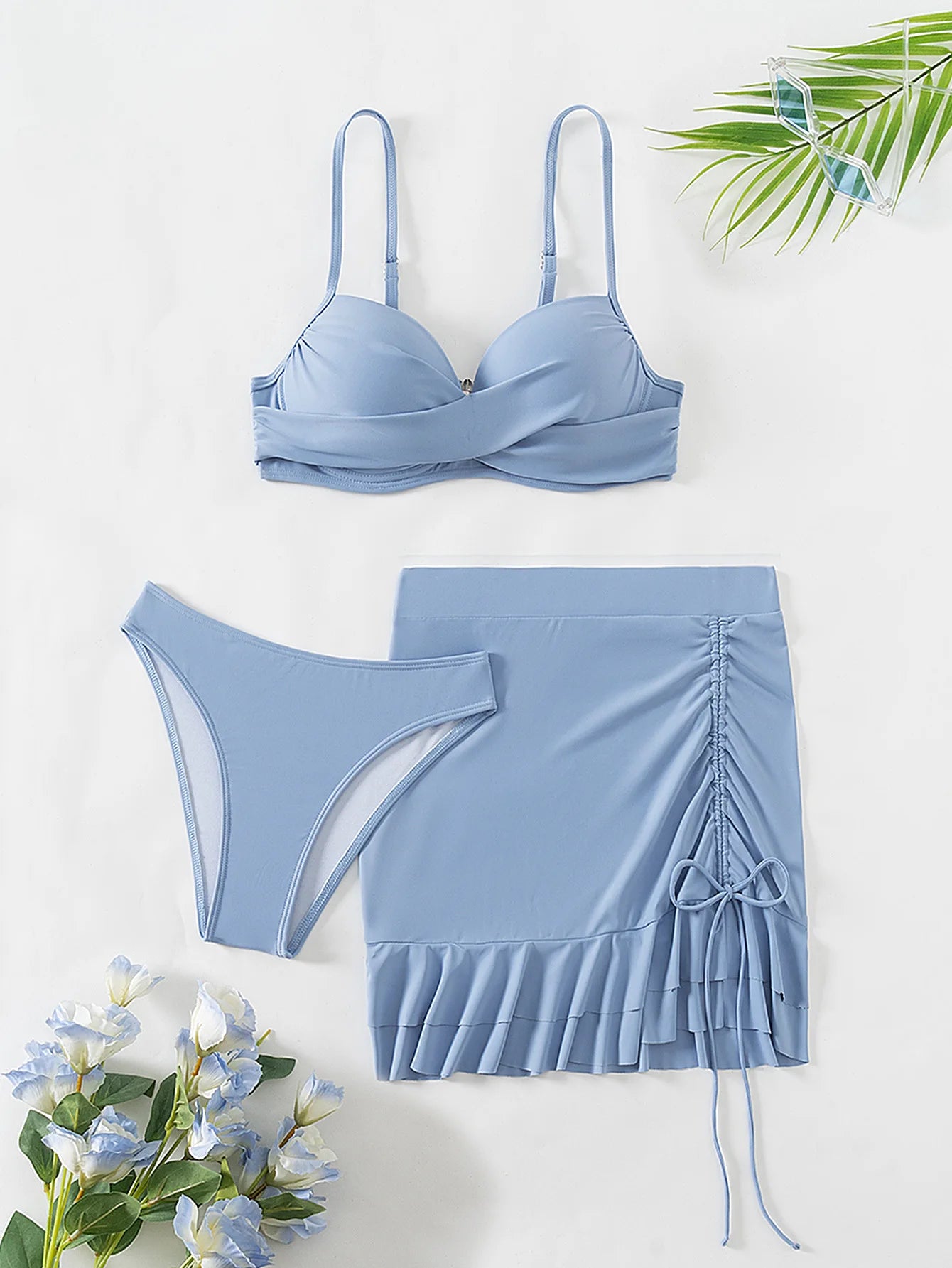 Women's Sky Blue Three Piece Swimsuit Solid Color V-neck Underwire Bikini Set Beach Vacation Suspender Backless Swimwear 2026 - Sun Studio