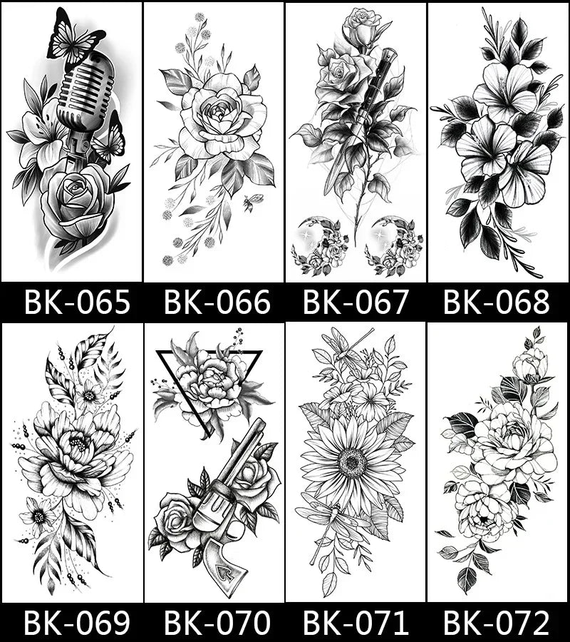 Rose Blossom Tattoo Temporary Waterproof Butterfly Fake Tattoo for Woman Black Flower Sketch Tattoo Sticker - Sun Studio