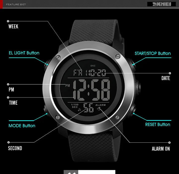 SKMEI Men Fashion Digital Watch Large Dial Alarm Clock Waterproof Watches Sport Outdoor Sports Men's Electronic Watch - Sun Studio