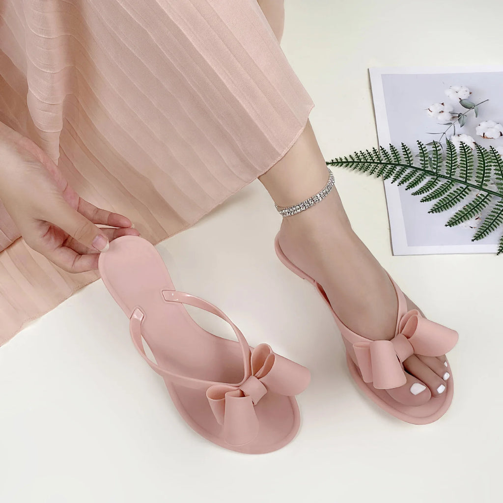 Summer Beach Sandals for Women Slippers New Pure Color Slip on With Bow Tie Adult Flat Bottom Flip Flops Walking Thong Sandals - Sun Studio
