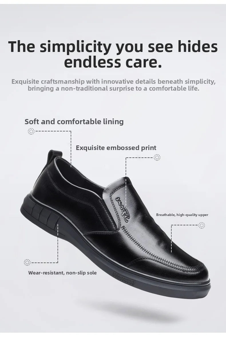 Pure Black Casual Men's Shoes Slip-On Driving Soft Bottom Anti-Slip Leather Shoes Breathable round Toe Flat Heel PVC Outsole - Sun Studio