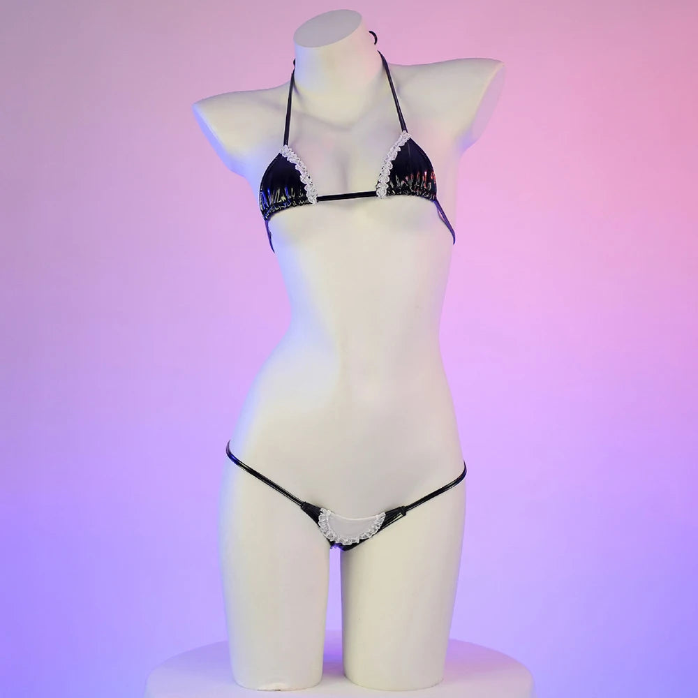 Sexy Maid Cosplay Bikini Leather Bra With Lace Underwear Lingerie Swimsuit Low Waist Bikinis Sets Beach Swimwear - Sun Studio
