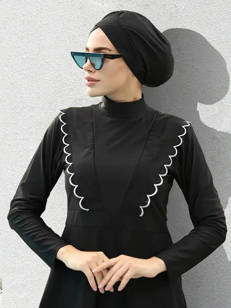 3PCS Black Series Modest Burkini Femmes Muslim Swimsuit Swimwear Summer Beach Women's Swimsuit Lotus Leaf Edge Design - Sun Studio