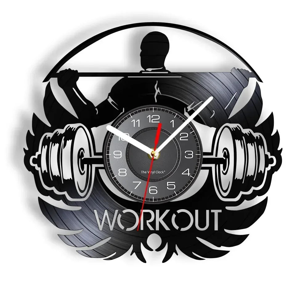 Fitness Equipment Theme Vinyl Record Fitness Wall Clock Home Decoration LED Backlight Modern Fitness Watch