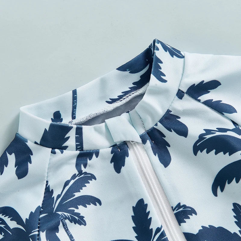 Summer Toddler Infant Baby Boys Girl Rash Guard Swimsuit Coconut Tree Print Short Sleeve Mock Neck Zip Bathing Suit - Sun Studio