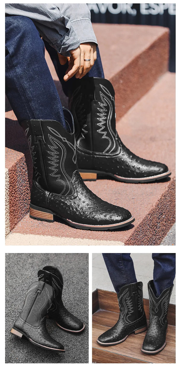 Men's Classic Retro Western Cowboy Boots Embossed Leather Mens Fashion Embroidery Mid-Calf Boot High top Casual Shoes for Men - Sun Studio