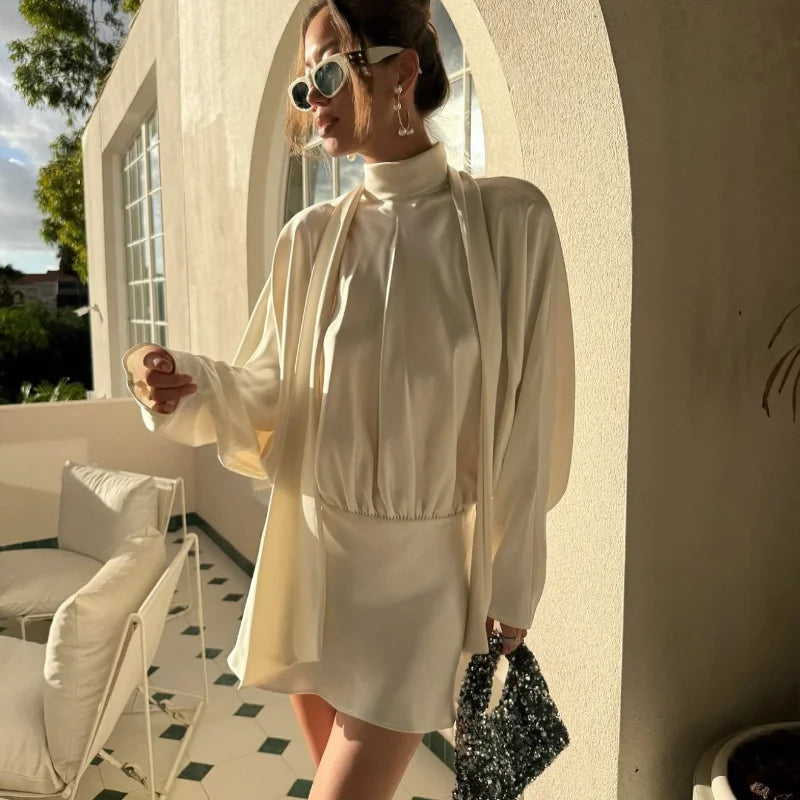 Women's Elegant white Ruched Short Dress Fashion Casual Stand Neck Long Sleeve Mini Dresses 2025 Autumn party Female Clothing - Sun Studio