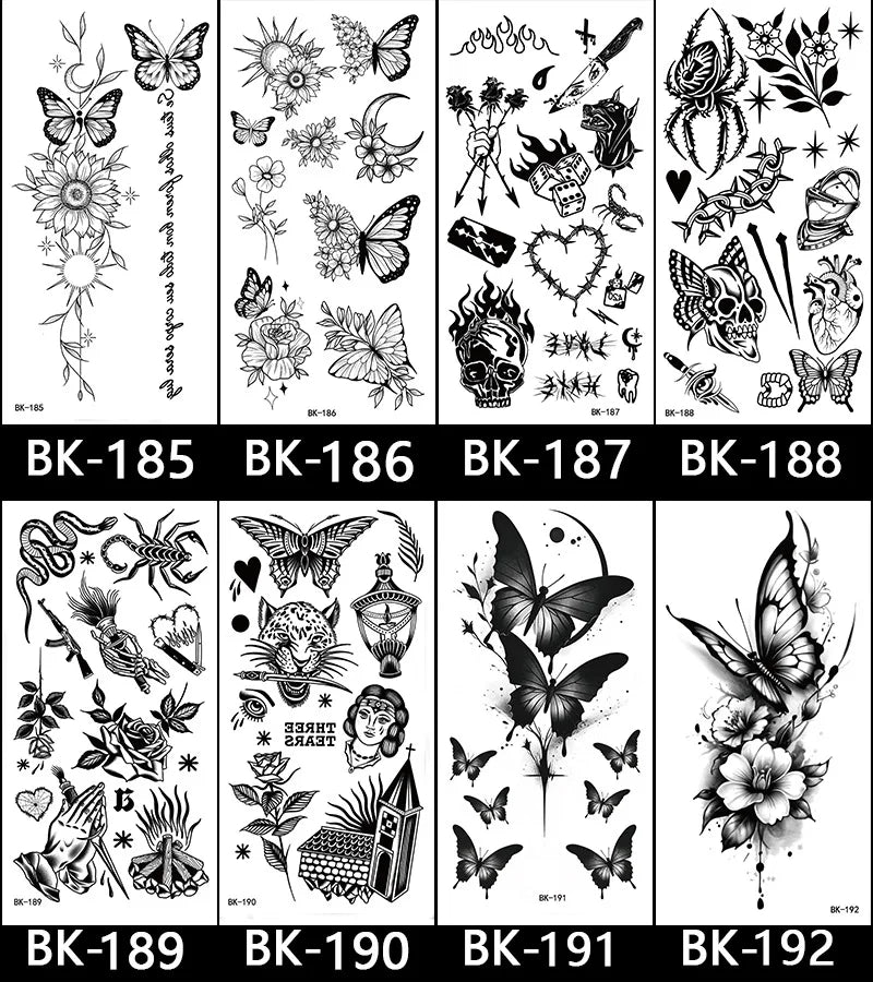 Black White Temporary Transfer Tattoos Floral Butterfly Lettering Line Art Waterproof Body Stickers for Music Festival Party - Sun Studio