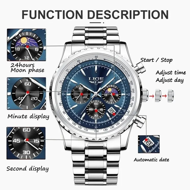 LIGE 2024 Top Brand Luxury New Men Watch Quartz Man Watches Waterproof Luminous Watch for Men Date Chronograph Sport Wristwatch - Sun Studio