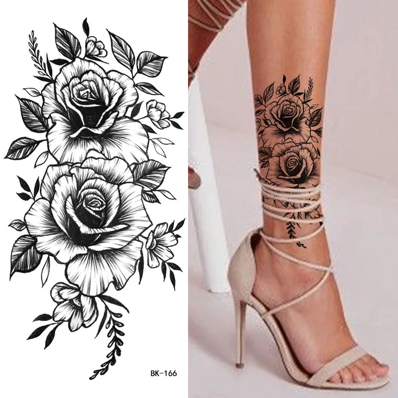 Black White Temporary Transfer Tattoos Floral Butterfly Lettering Line Art Waterproof Body Stickers for Music Festival Party