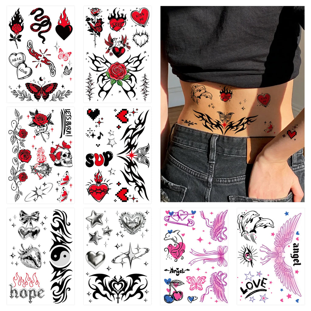 Y2K Realistic Temporary Tattoos - 10 Sheets| Girly 2000s Bachelorette, Birthday Favors, Halloween Party Accessory, Fake Tats, - Sun Studio