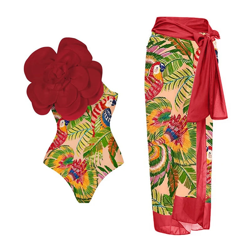 2024 Sexy Women's Swimsuit with Skirt One-Piece Swimwear Vintage Ruffle V Neck Cover Up Bikinis Set Beachwear Bathing Suit - Sun Studio