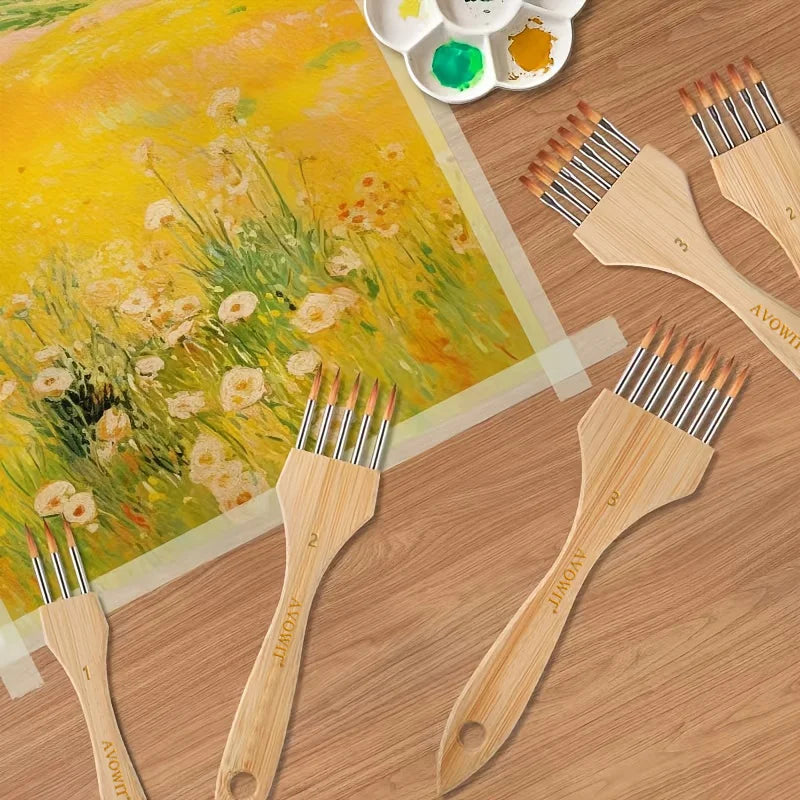 New wooden handle multi tooth brush set, flat head, round head artistic watercolor acrylic brush, multifunctional painting brush - Sun Studio