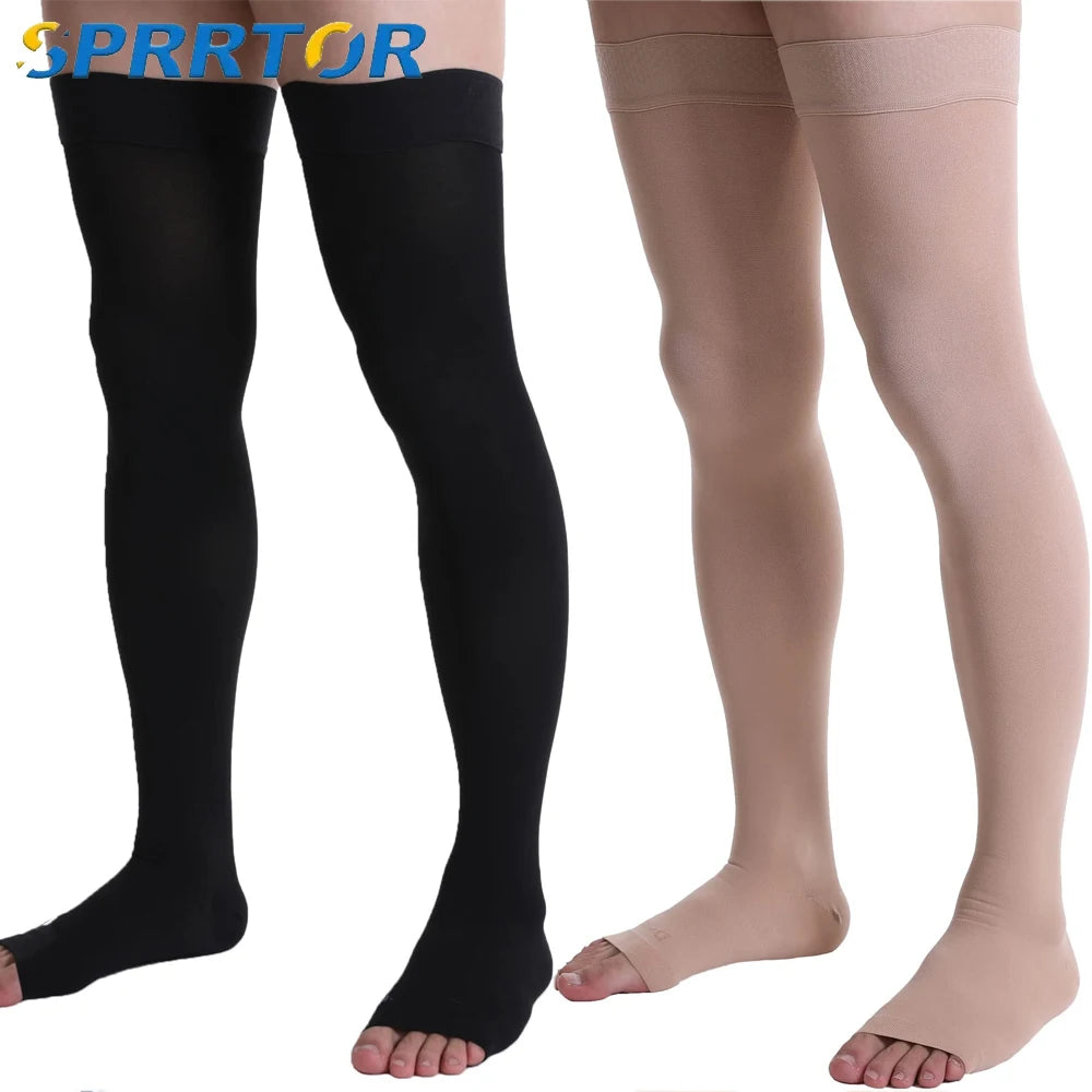 Medical Open Toe Thigh High Compression Stockings with Silicone for Women Men,20-30 mmHg Graduated Support for Varicose Veins - Sun Studio