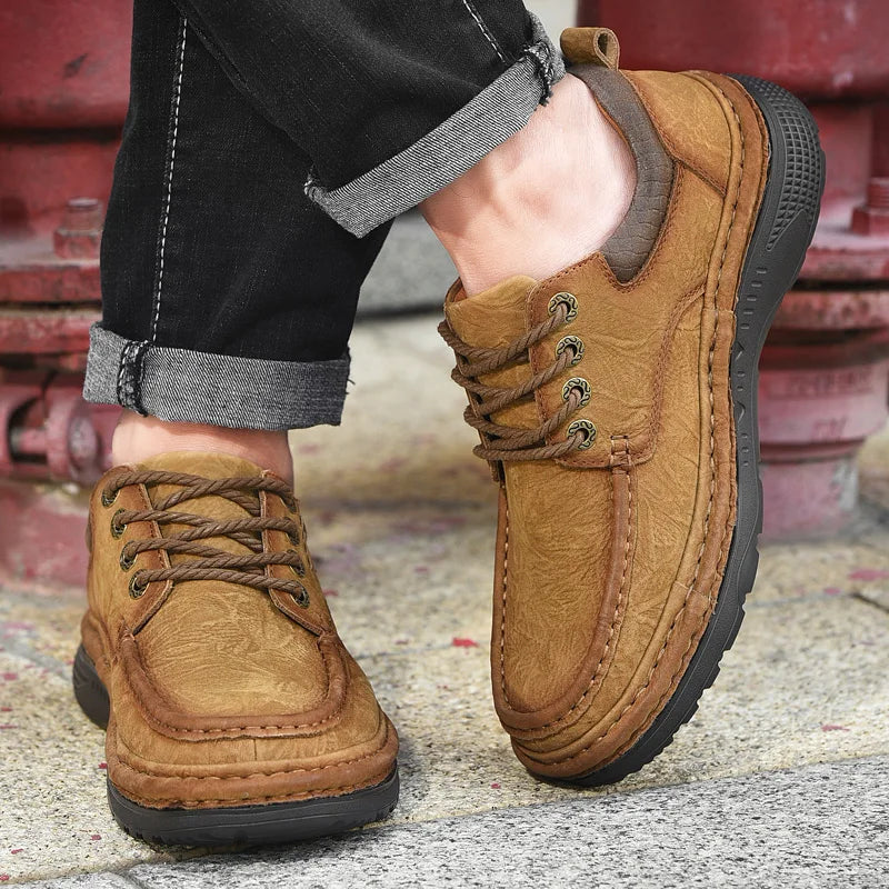 Genuine Leather Mens Loafers Anti-slip Rubber Man Casual Shoes Vintage Style Walk Shoes Slip-On Hiking Footwear Luxury Moccasins - Sun Studio