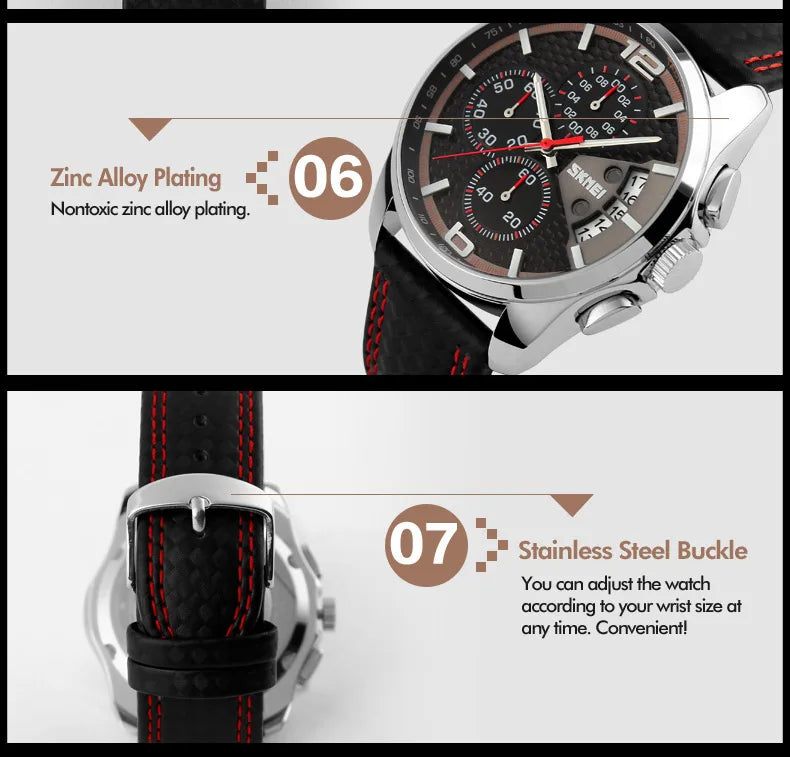 Skmei Top Brand Luxury Leather Strap 5Bar Waterproof Quartz Wristwatches Relogio Masculino Fashion Sport Mens Watches 9106 - Sun Studio