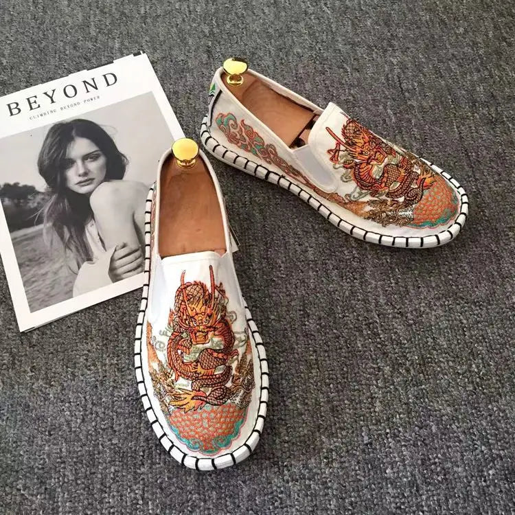 Old Beijing Cloth Shoes Embroidery Flower Social Guy Male Moccasin-Gommino Student Casual Shoes Fashion National Chinese Style - Sun Studio