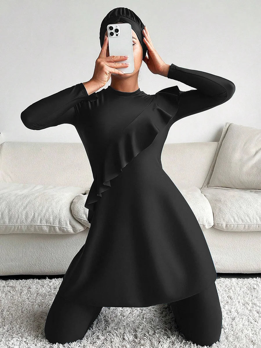 3PCS/Set Muslim Burkini Femmes Swimwear Long Islamic Swimwear Modest Swimsuit Women Swimsuit Ruffle Edge Design - Sun Studio