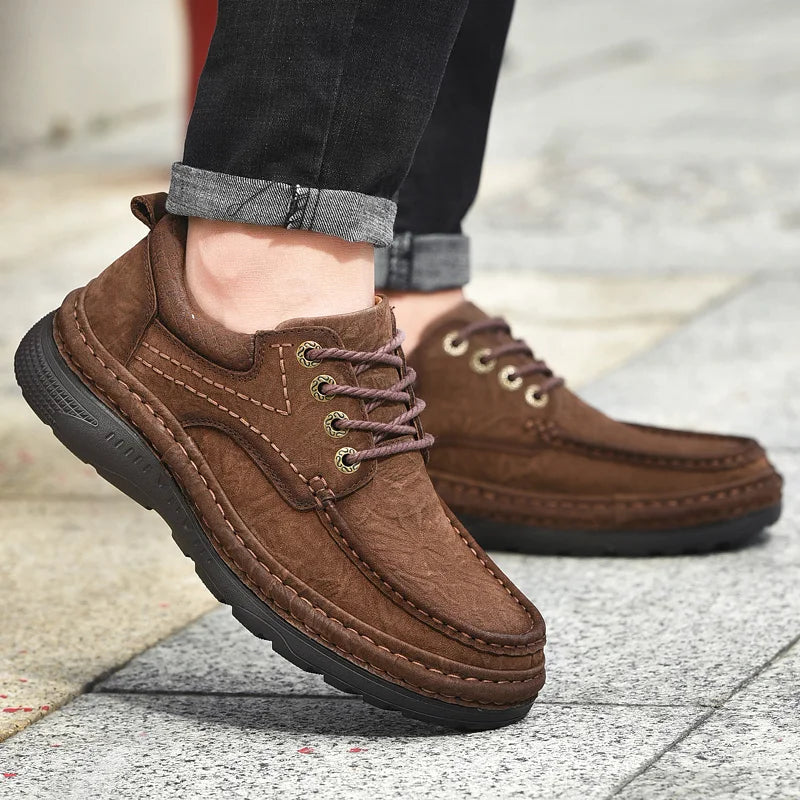 Genuine Leather Mens Loafers Anti-slip Rubber Man Casual Shoes Vintage Style Walk Shoes Slip-On Hiking Footwear Luxury Moccasins - Sun Studio