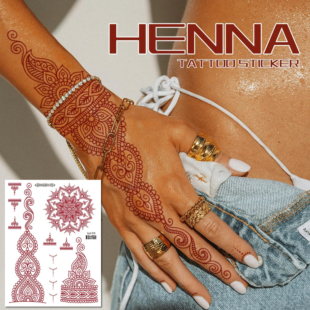 6 Sheets India Mehndi Design Brown Red Maroon Tattoo Stickers, Water Transfer Fake Henna Tattoos For Women Full Hand Tattoos - Sun Studio