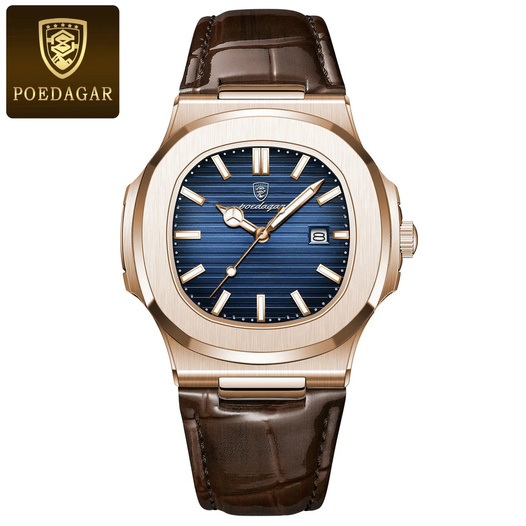 POEDAGAR Original Fashion Men's Wristwatch Date Waterproof Luminous Leather Watches For Men High Quality Square Quartz Man Watch - Sun Studio