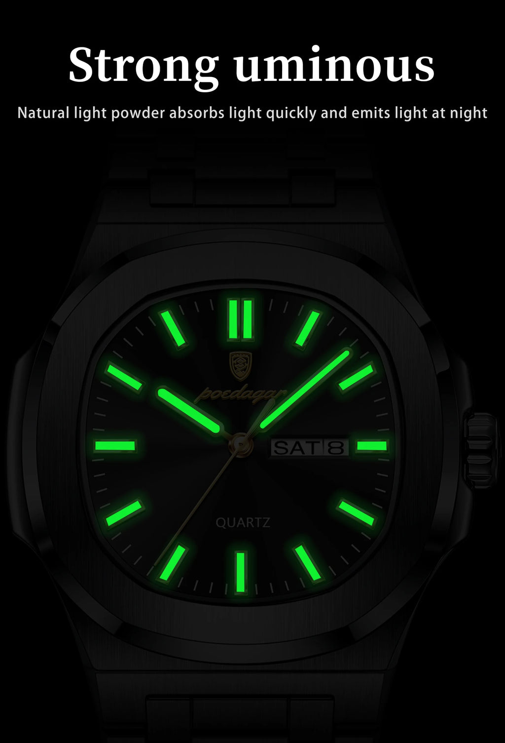 POEDAGAR Luxury Square Men's Watches Waterproof Luminous Date Week Men Watch Stainless Steel Fashion Quartz Man Wristwatch Reloj - Sun Studio