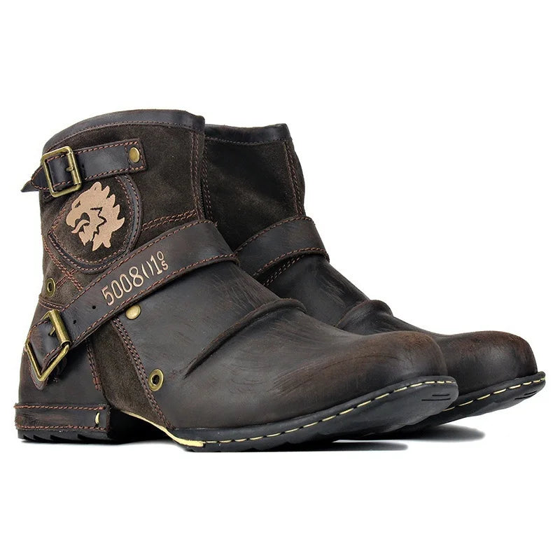 Men's Ankle Boots High Quality Cowboy Boots Men Metal Buckle Side Zipper Motorcycle Boots Gothic Boots Retro Western Boots - Sun Studio