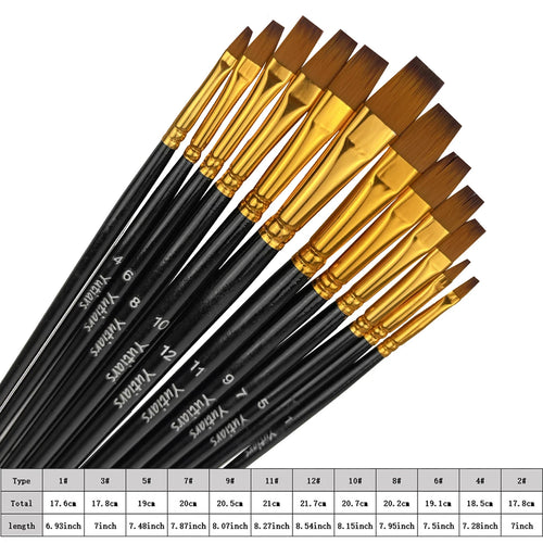 12pcs Flat Paint Brushes Set, Synthetic Nylon Bristles, Professional Artist Brushes for Oil, Acrylic, Watercolor Painting - Sun Studio