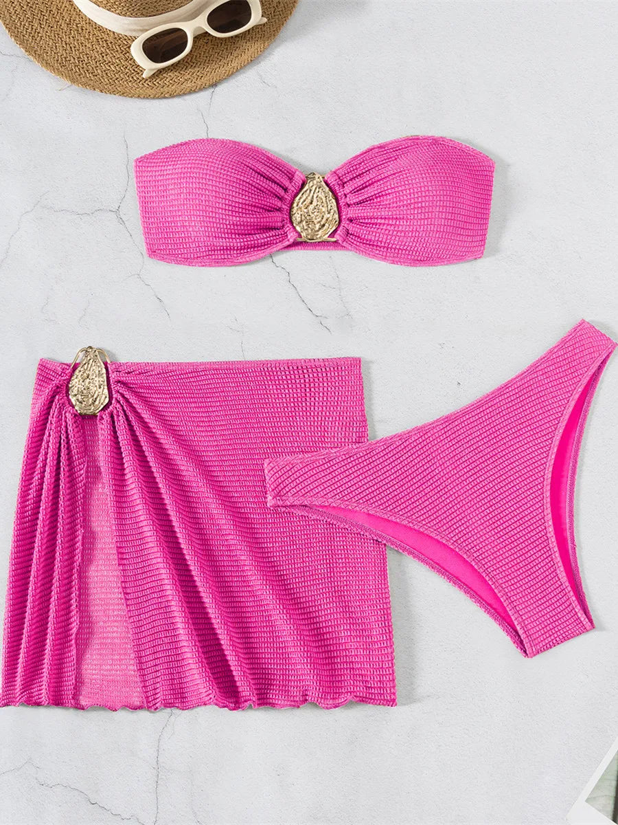 Sexy Bandeau Bikini Women Coffee Metal Water Droplet Ornament Push Up Mesh Skirt 3 Piece Swimsuit Beach Bathing Suit Swimwear - Sun Studio