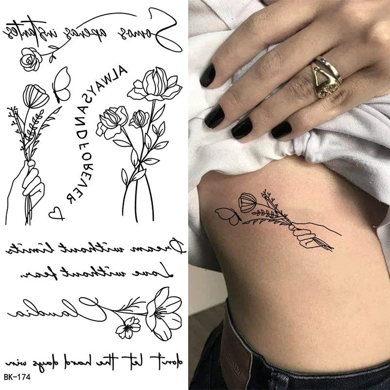 Black White Temporary Transfer Tattoos Floral Butterfly Lettering Line Art Waterproof Body Stickers for Music Festival Party