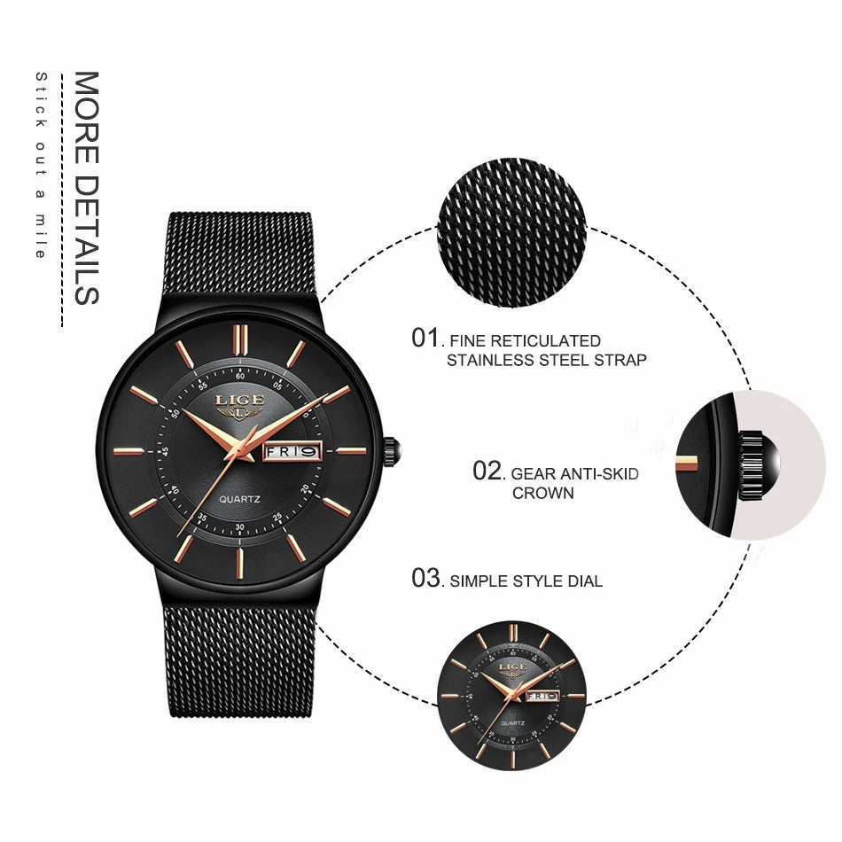 LIGE 2024 Luxury Men Watches Waterproof Ultra Thin Date Clock Male Steel Strap Casual Quartz Watch Men Sports Wrist Watch Man - Sun Studio