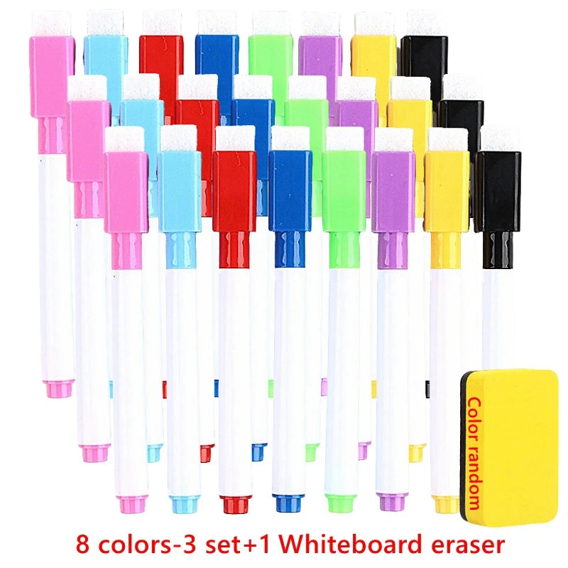 100/5Pcs Dry Erase Whiteboard Markers Set, Washable Pens with Magnetic Eraser for Office Whiteboards & Art Supplies
